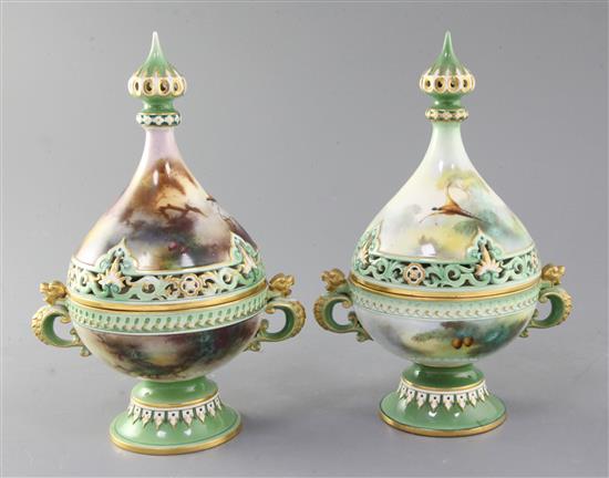 Two Hadley ware tear drop shaped pot pourri, covers and inner covers, c.1900, 25cm